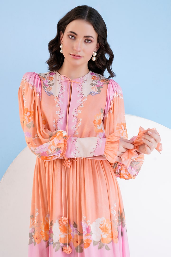 Orange & Pink Chiffon Placement Printed Midi Vacation Dress by Mandira Wirk - Resort at Pernia's Pop Up Shop