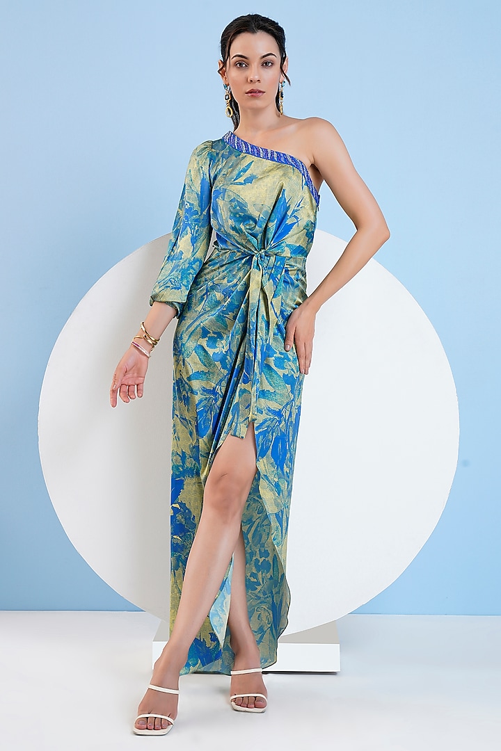 Blue & Gold Satin Foliage Printed One-Shoulder Midi Dress by Mandira Wirk