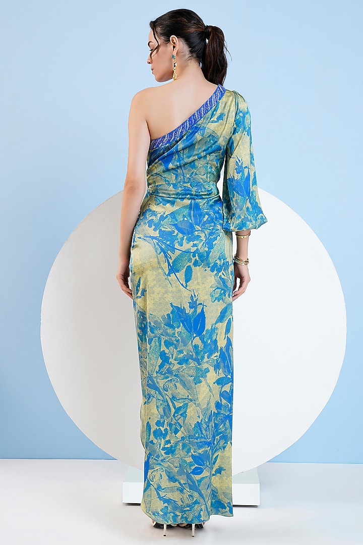 Blue & Gold Satin Foliage Printed One-Shoulder Midi Vacation Dress by Mandira Wirk - Resort at Pernia's Pop Up Shop