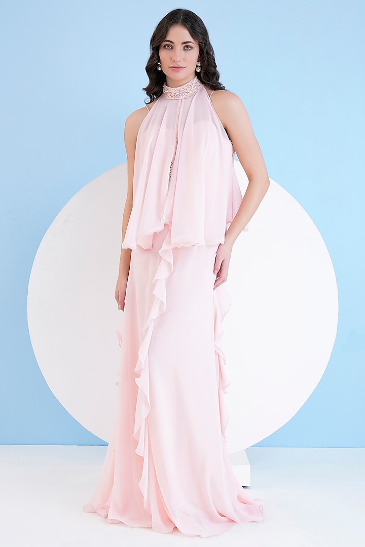 Pink Viscose Georgette Jacket Maxi Dress by Mandira Wirk