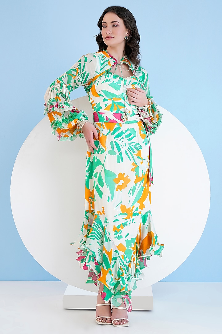 Mustard & Green Chiffon Floral printed High-Low Maxi Dress by Mandira Wirk at Pernia's Pop Up Shop