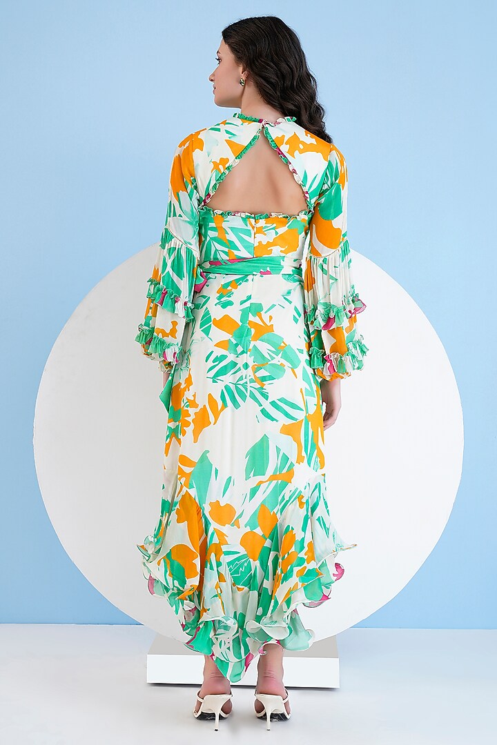 Mustard & Green Chiffon Floral printed High-Low Maxi Vacation Dress by Mandira Wirk - Resort at Pernia's Pop Up Shop