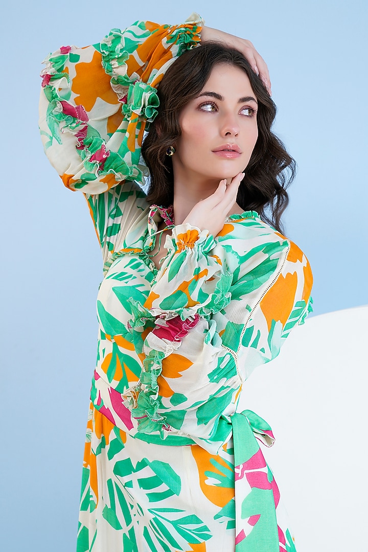 Mustard & Green Chiffon Floral printed High-Low Maxi Vacation Dress by Mandira Wirk - Resort at Pernia's Pop Up Shop