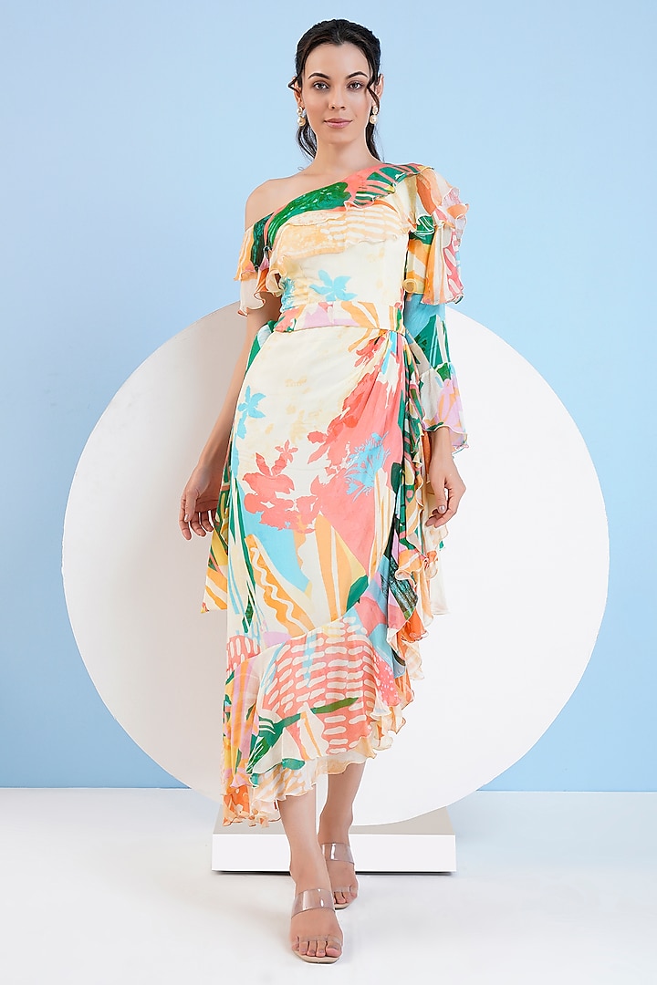 Multi-Colored Chiffon Printed One-Shoulder Maxi Dress by Mandira Wirk