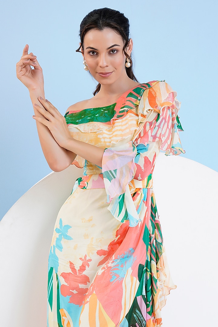 Multi-Colored Chiffon Printed One-Shoulder Maxi Vacation Dress by Mandira Wirk - Resort at Pernia's Pop Up Shop