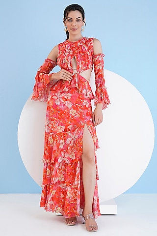 Dark Orchid Chiffon Floral Printed Tiered Maxi Dress by Mandira Wirk - Resort