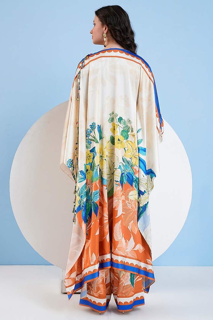Ivory Satin Floral Printed Cape Set by Mandira Wirk - Resort at Pernia's Pop Up Shop