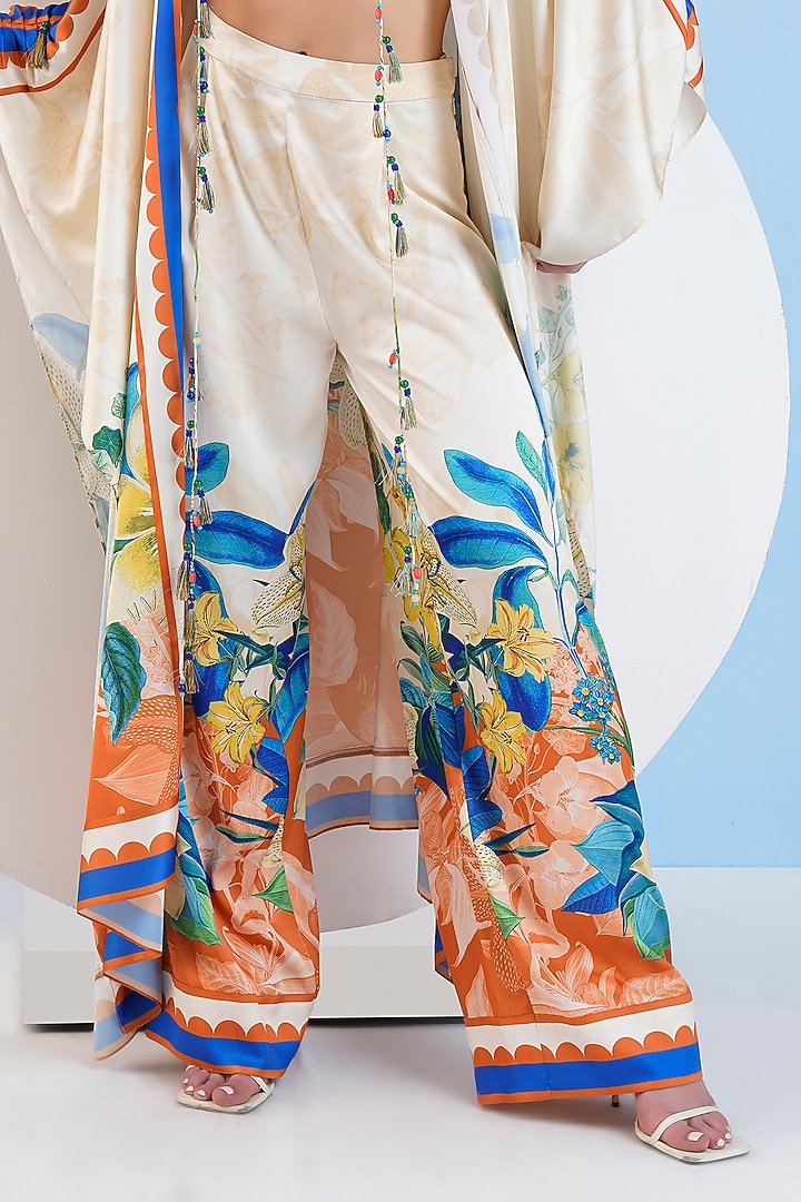 Ivory Satin Floral Printed Cape Set by Mandira Wirk - Resort at Pernia's Pop Up Shop