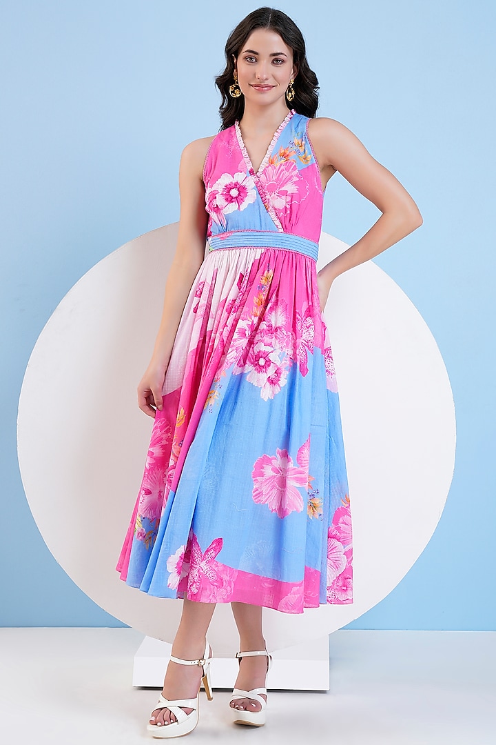 Blue & Pink Cotton Floral Printed Midi Dress by Mandira Wirk