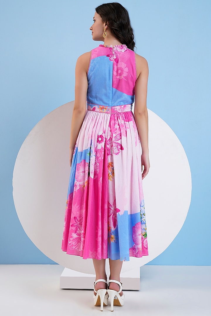 Blue & Pink Cotton Floral Printed Midi Vacation Dress by Mandira Wirk - Resort at Pernia's Pop Up Shop