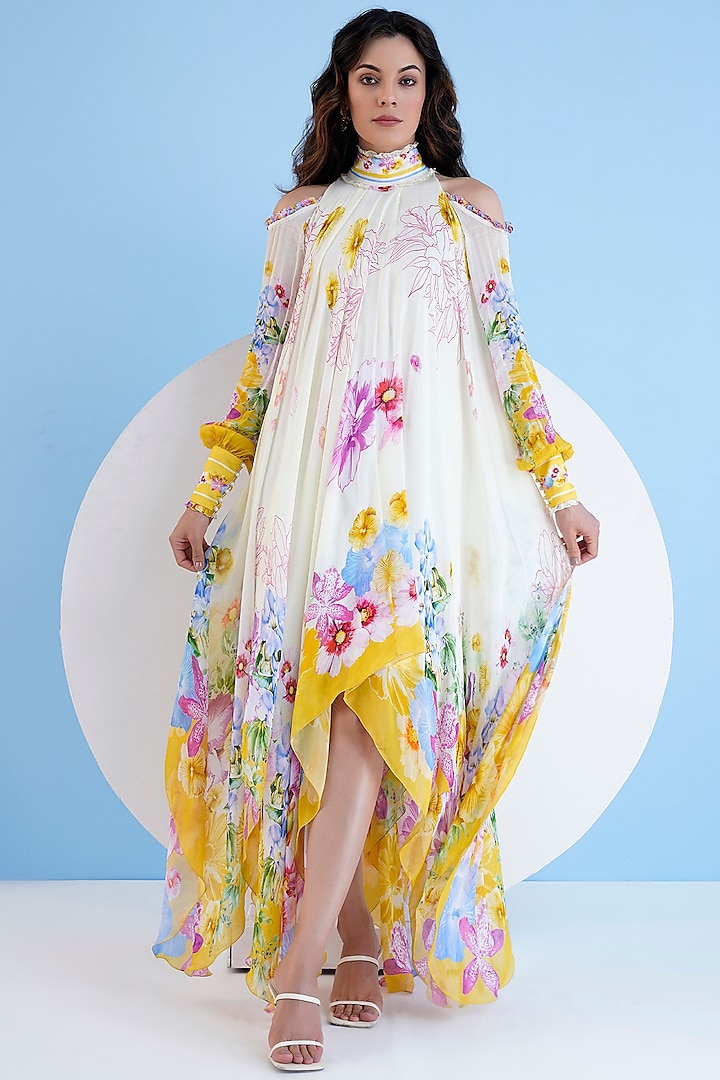 Multi-Colored Chiffon Printed High-Low Dress by Mandira Wirk