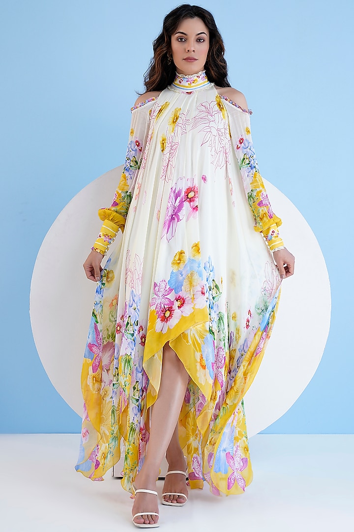 Multi-Colored Chiffon Printed High-Low Dress by Mandira Wirk at Pernia's Pop Up Shop