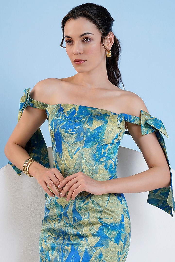 Blue & Gold Satin Botanical Printed Mini Vacation Dress by Mandira Wirk - Resort at Pernia's Pop Up Shop