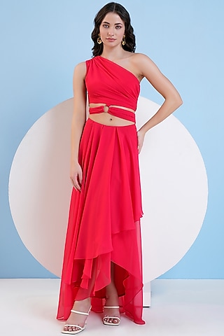 Red Viscose Georgette One-Shoulder Maxi Dress by Mandira Wirk - Resort