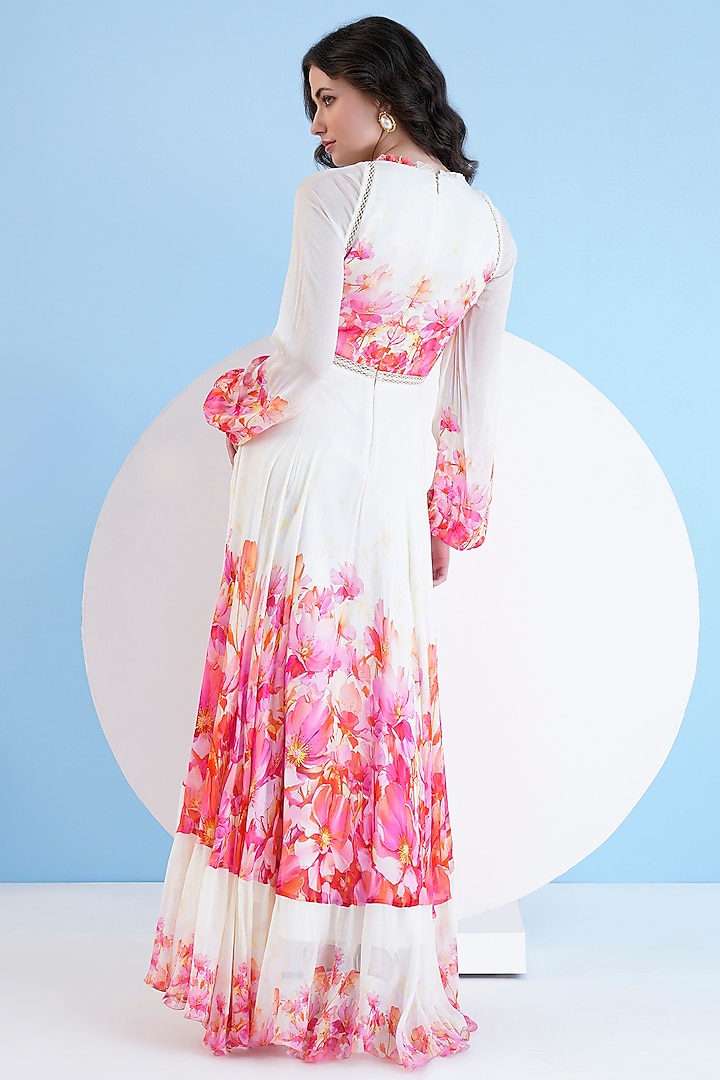 Beige & Red Chiffon Printed Maxi Vacation Dress by Mandira Wirk - Resort at Pernia's Pop Up Shop