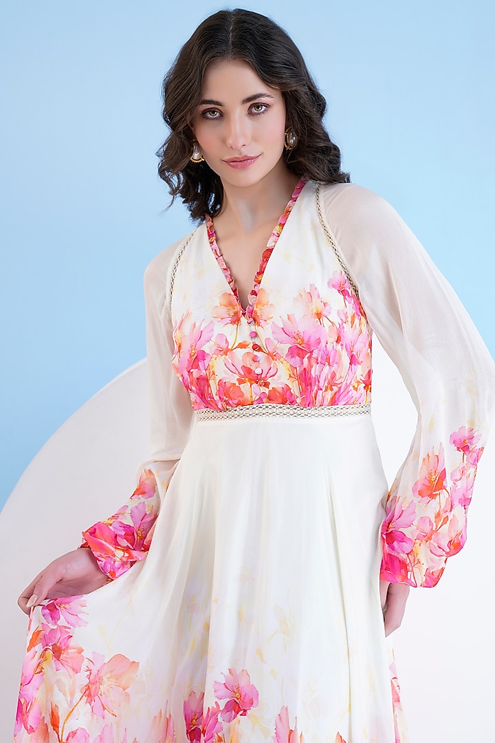 Beige & Red Chiffon Printed Maxi Vacation Dress by Mandira Wirk - Resort at Pernia's Pop Up Shop