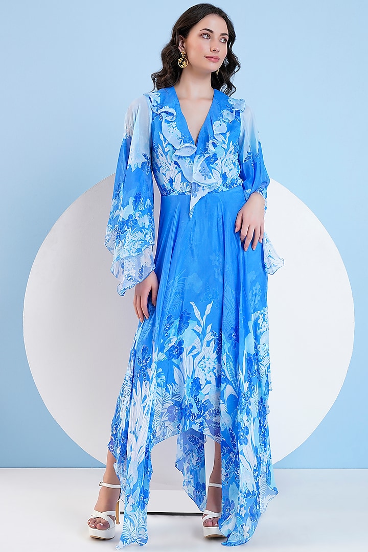 Blue Chiffon Sapphire Printed High-Low Maxi Dress by Mandira Wirk