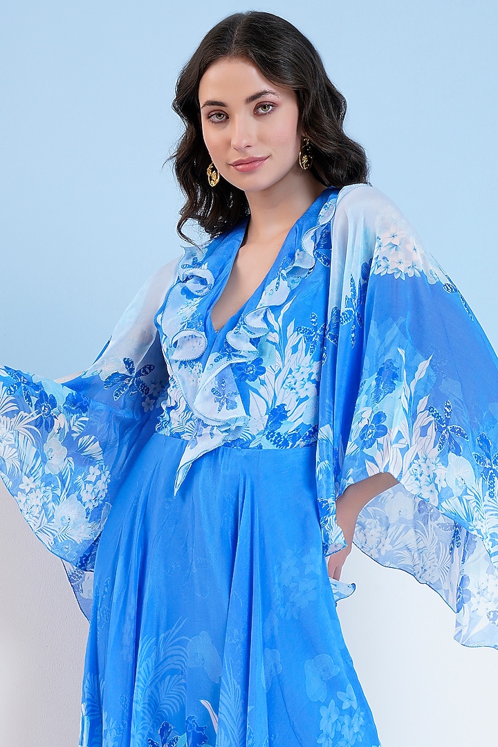 Blue Chiffon Sapphire Printed High-Low Maxi Vacation Dress by Mandira Wirk - Resort at Pernia's Pop Up Shop