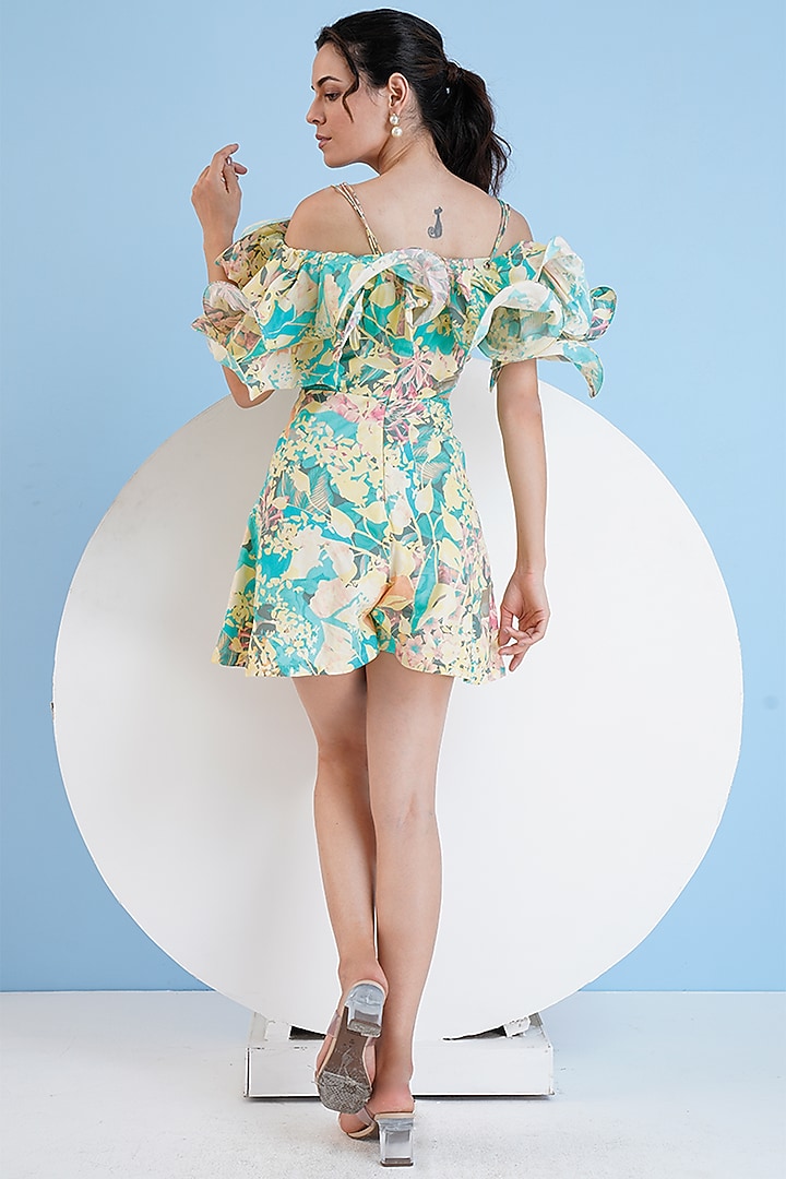 Beige & Mint Green Cotton Poplin Printed Short Jumpsuit by Mandira Wirk - Resort at Pernia's Pop Up Shop