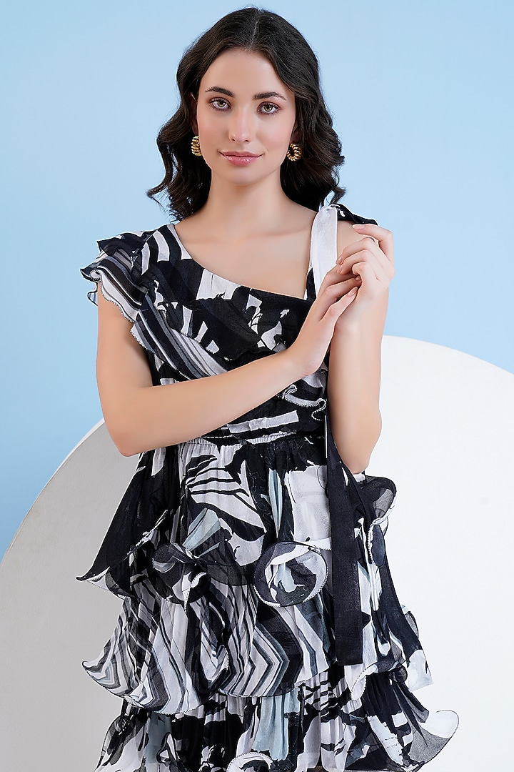 Black Chiffon Printed Tiered Mini Vacation Dress by Mandira Wirk - Resort at Pernia's Pop Up Shop