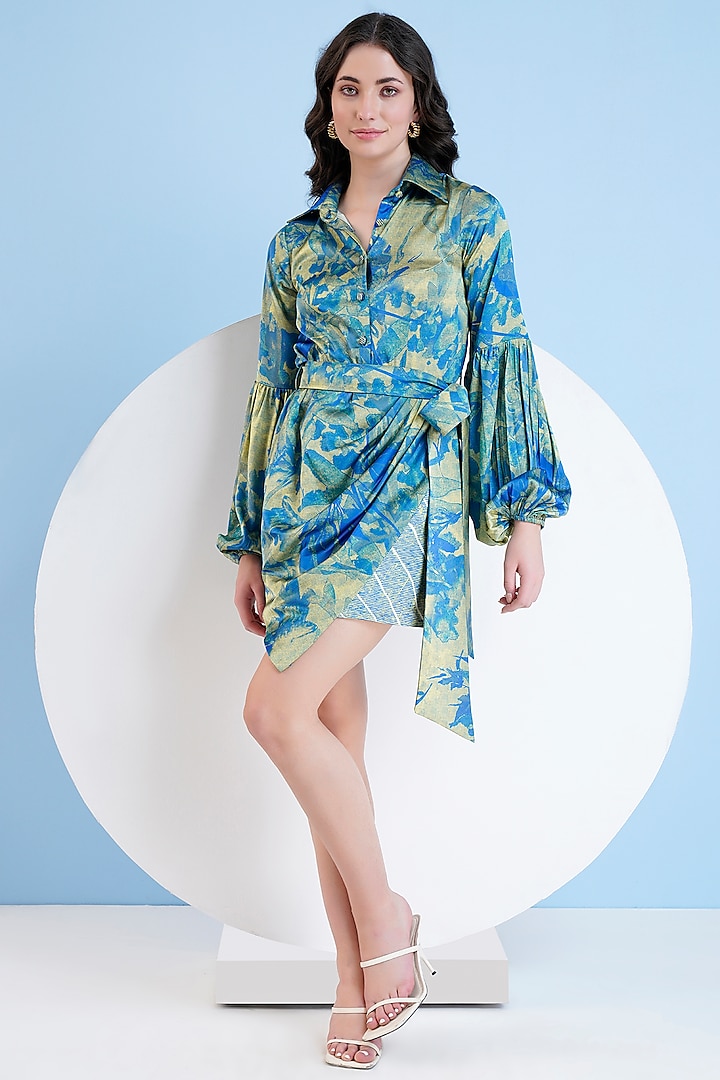 Blue & Gold Satin Botanical Printed Mini Dress With Belt by Mandira Wirk at Pernia's Pop Up Shop