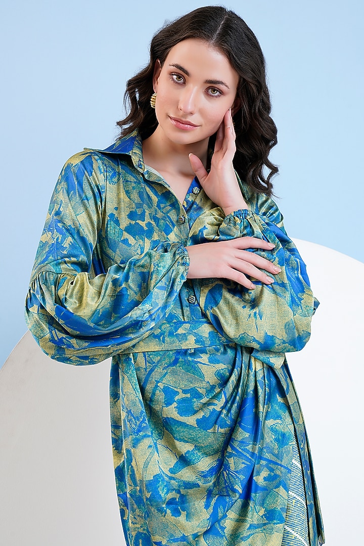 Blue & Gold Satin Botanical Printed Mini Vacation Dress With Belt by Mandira Wirk - Resort at Pernia's Pop Up Shop