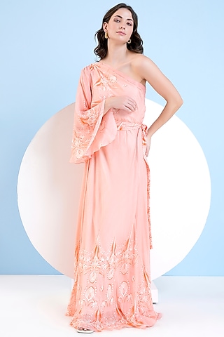 Orange Viscose Crepe Printed One-Shoulder Maxi Dress by Mandira Wirk - Resort