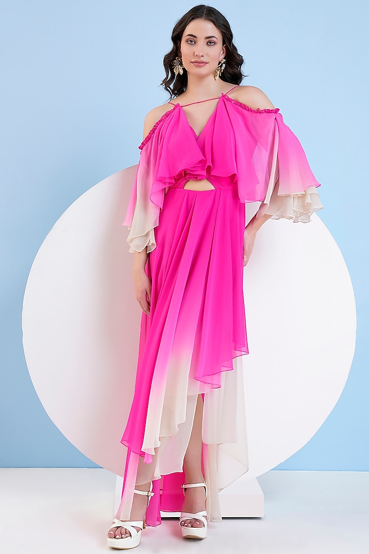 Pink Ombre Georgette Cut-Out High-Low Maxi Dress by Mandira Wirk