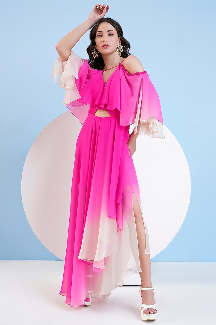 Pink Ombre Georgette Cut-Out High-Low Maxi Vacation Dress by Mandira Wirk - Resort at Pernia's Pop Up Shop