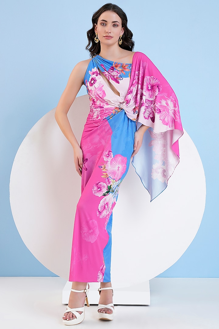 Pink & Blue Jersey Maxi Dress by Mandira Wirk