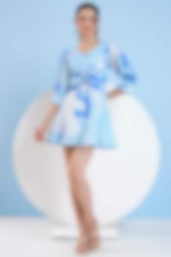 Light Blue Cotton Linen Printed Mini Dress by Mandira Wirk