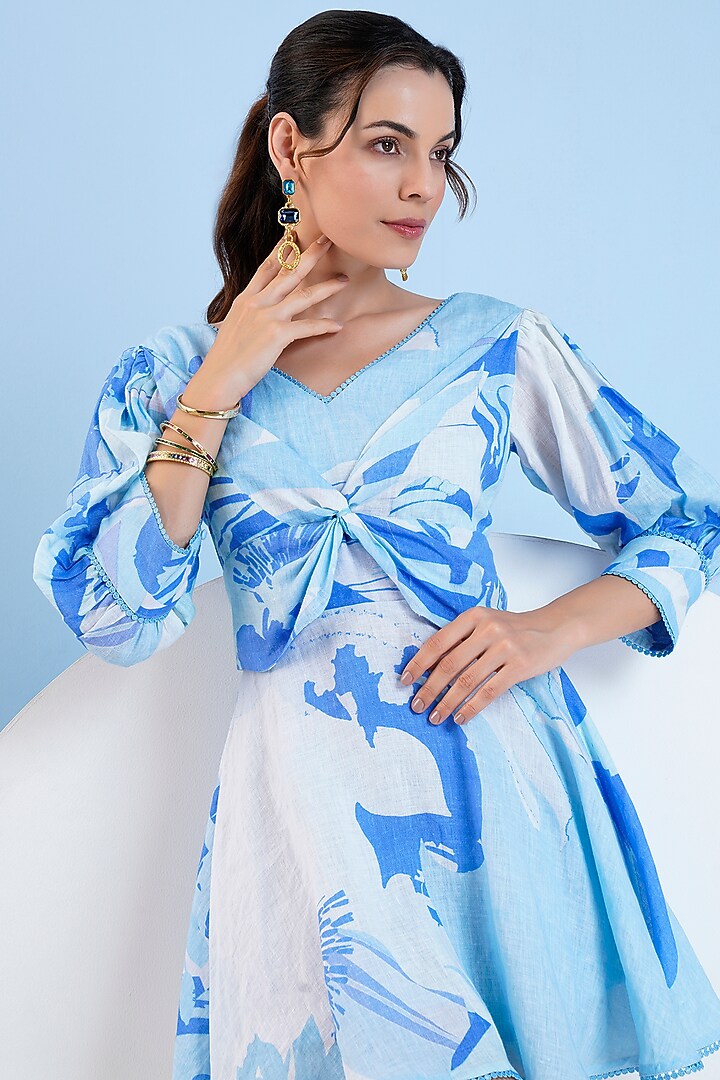 Light Blue Cotton Linen Printed Mini Vacation Dress by Mandira Wirk - Resort at Pernia's Pop Up Shop