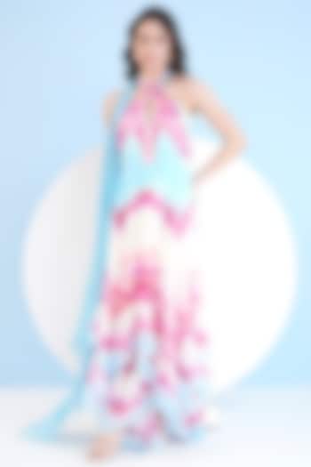 Blue & Pink Chiffon Printed High-Low Maxi Dress by Mandira Wirk