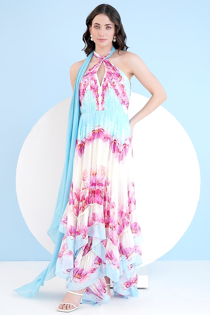 Blue & Pink Chiffon Printed High-Low Maxi Dress by Mandira Wirk