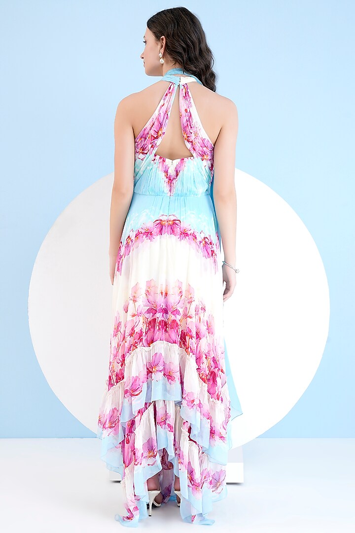 Blue & Pink Chiffon Printed High-Low Maxi Cocktail Dress by Mandira Wirk - Resort at Pernia's Pop Up Shop
