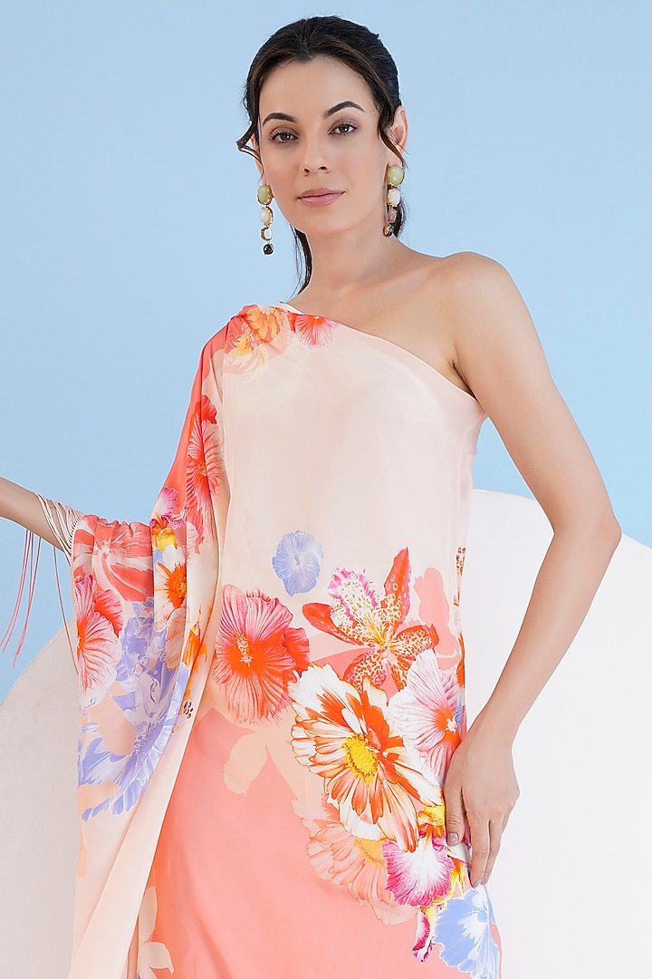Peach Viscose Crepe Printed One-Shoulder Kaftan With Belt by Mandira Wirk - Resort at Pernia's Pop Up Shop