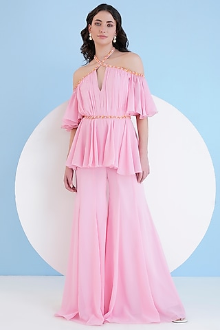 Pink Viscose Georgette Embroidered Jumpsuit by Mandira Wirk - Resort