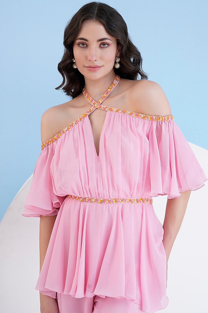 Pink Viscose Georgette Embroidered Jumpsuit by Mandira Wirk - Resort at Pernia's Pop Up Shop