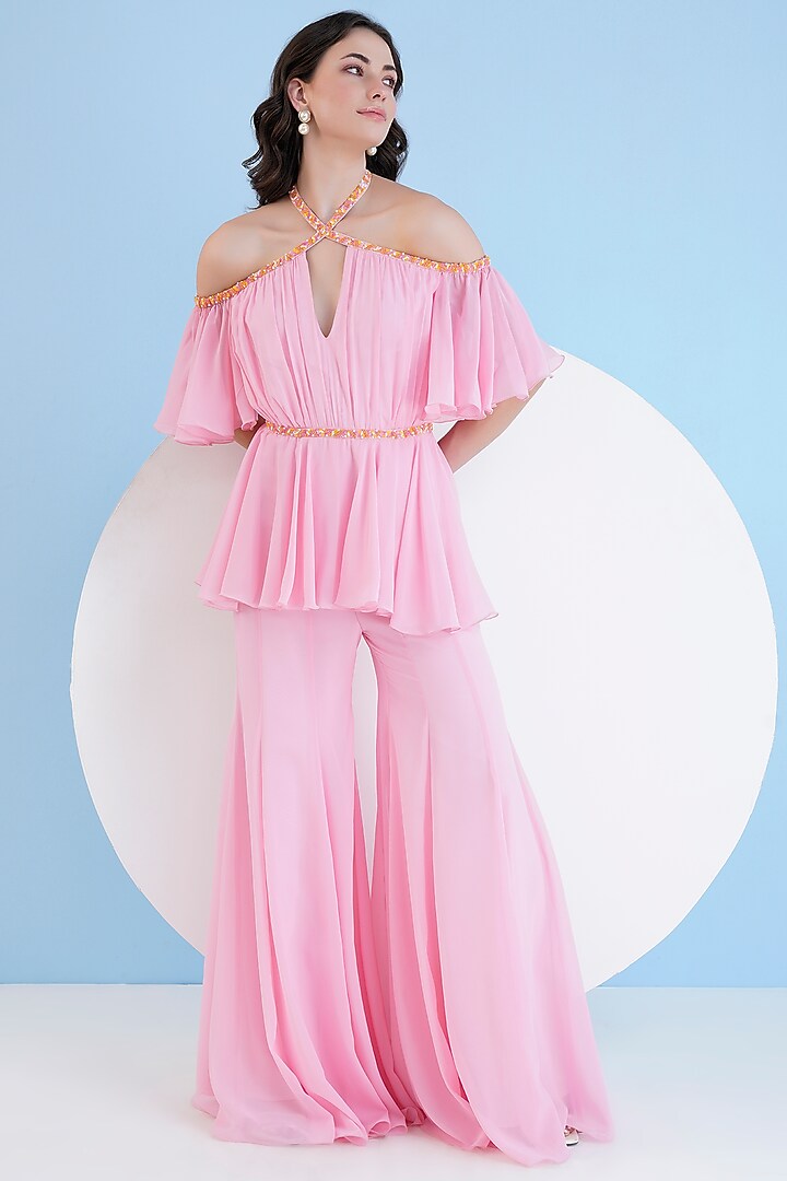 Pink Viscose Georgette Embroidered Jumpsuit by Mandira Wirk - Resort at Pernia's Pop Up Shop