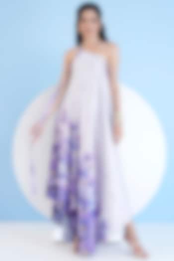 Lilac Satin Printed One-Shoulder High-Low Kaftan Dress by Mandira Wirk