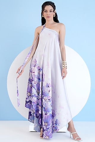 Lilac Satin Printed One-Shoulder High-Low Kaftan Dress by Mandira Wirk - Resort