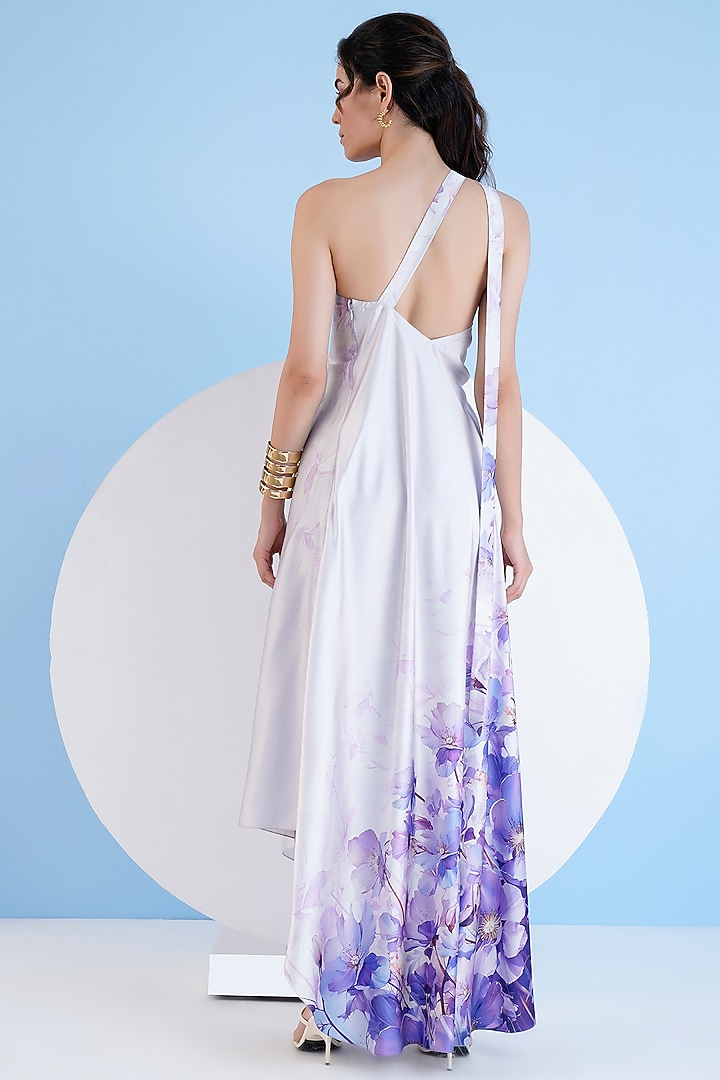 Lilac Satin Printed One-Shoulder High-Low Kaftan Vacation Dress by Mandira Wirk - Resort at Pernia's Pop Up Shop