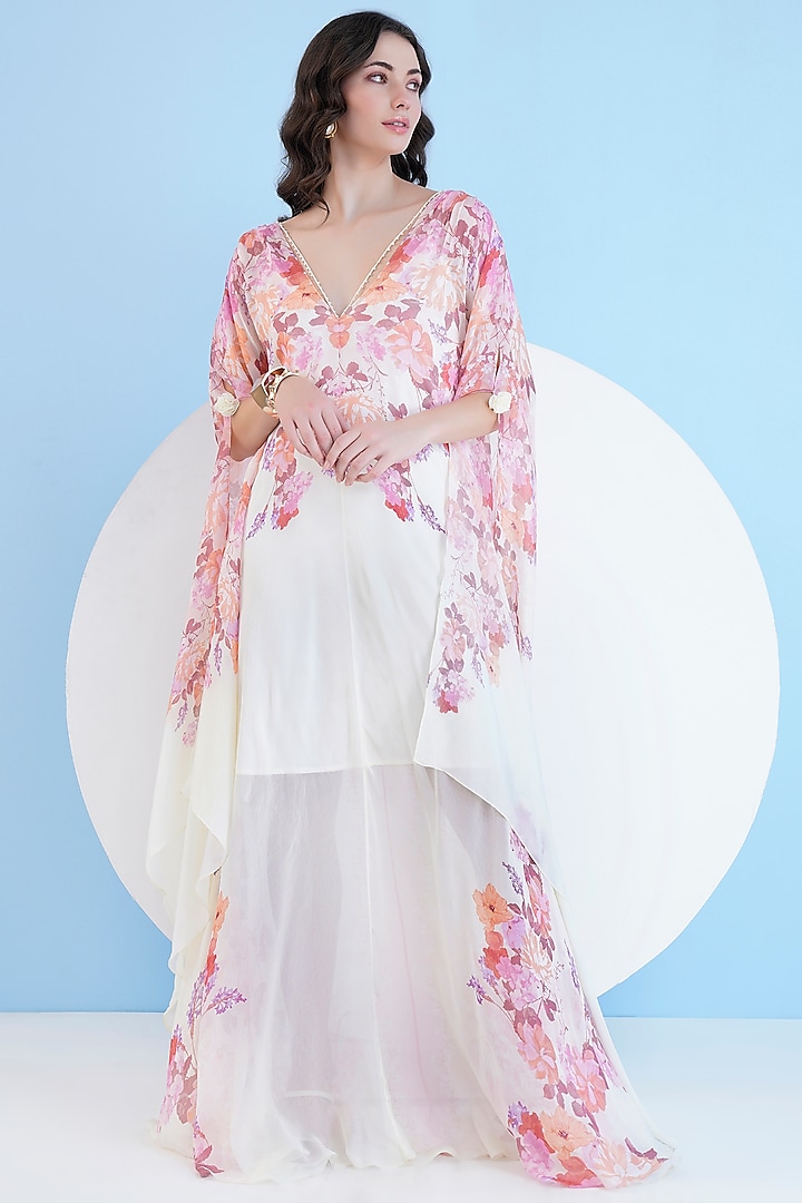 Ivory Chiffon Printed Kaftan by Mandira Wirk at Pernia's Pop Up Shop