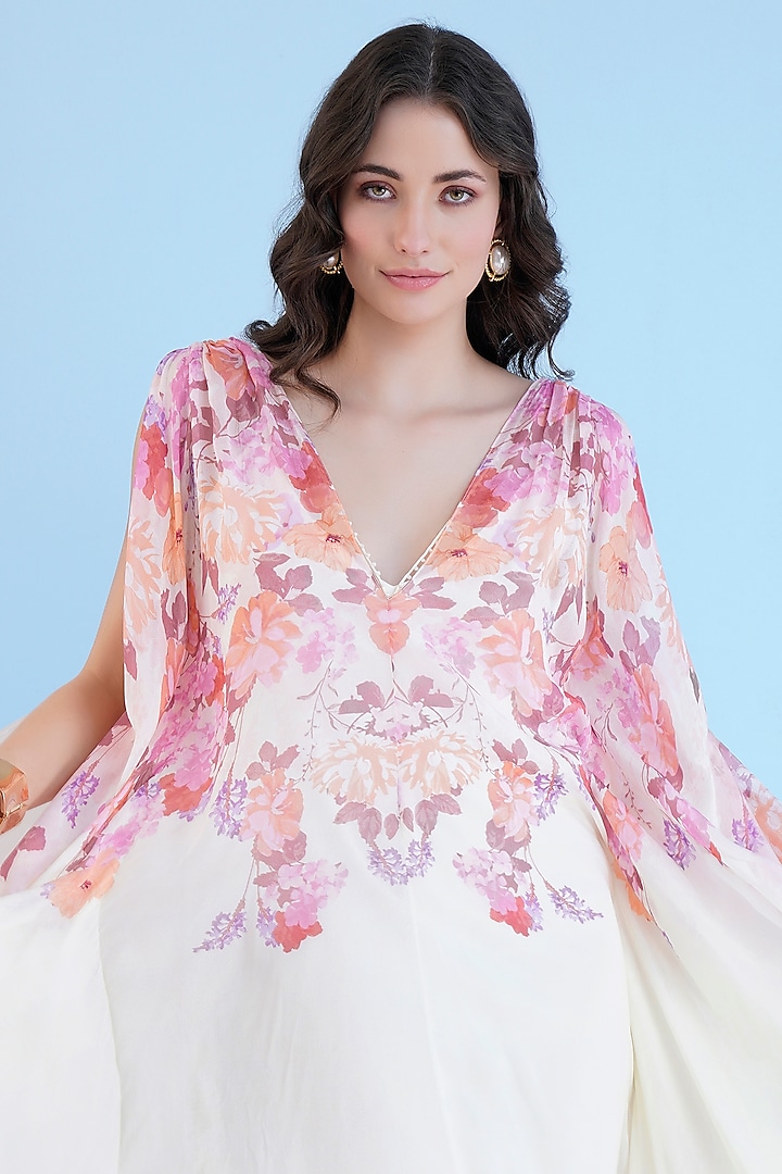 Ivory Chiffon Printed Kaftan by Mandira Wirk - Resort at Pernia's Pop Up Shop