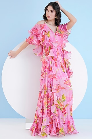 Dark Pink Chiffon Printed Ruffled Maxi Dress by Mandira Wirk - Resort