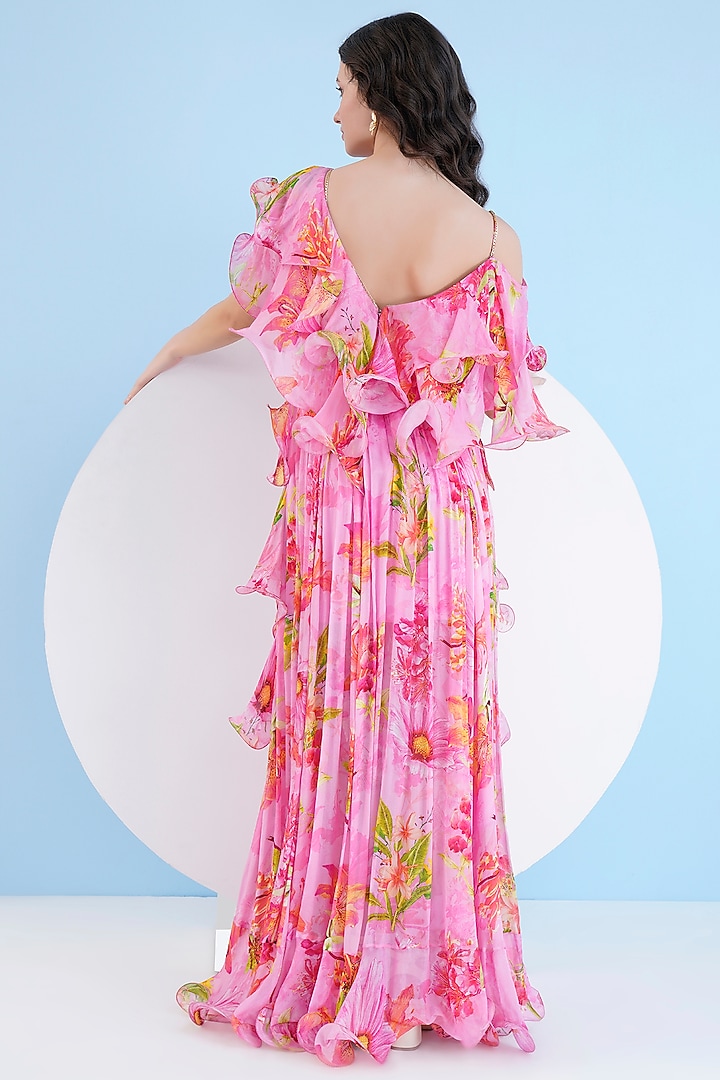 Dark Pink Chiffon Printed Ruffled Maxi Cocktail Dress by Mandira Wirk - Resort at Pernia's Pop Up Shop