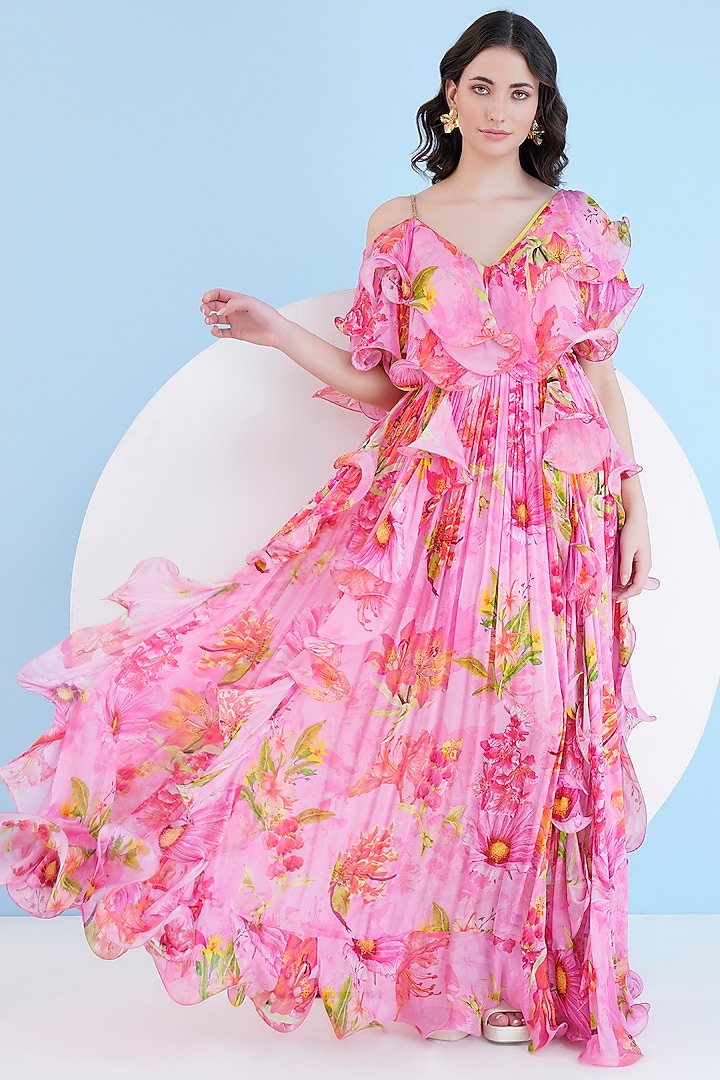 Dark Pink Chiffon Printed Ruffled Maxi Cocktail Dress by Mandira Wirk - Resort at Pernia's Pop Up Shop