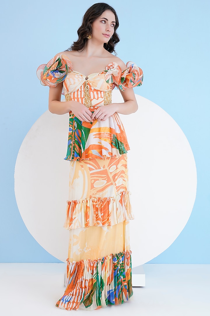 Multi-Colored Chiffon Tropical Printed Tiered Maxi Dress by Mandira Wirk