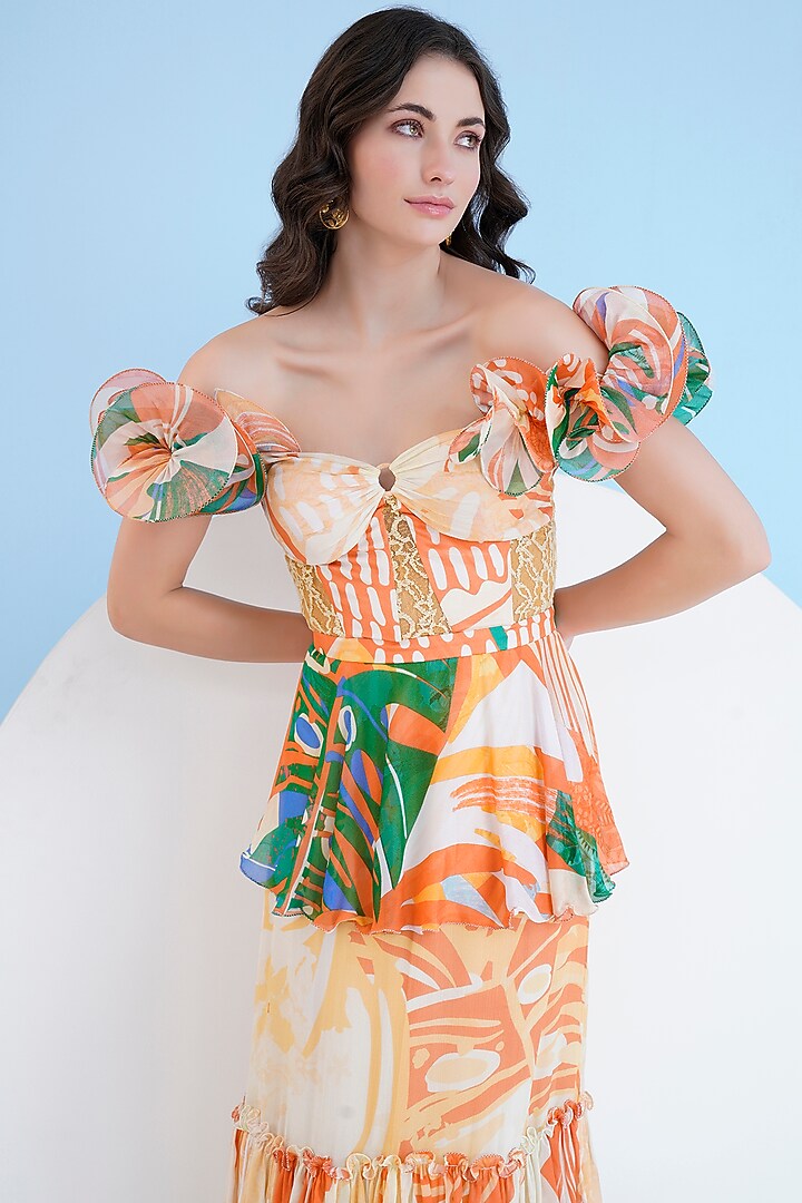 Multi-Colored Chiffon Tropical Printed Tiered Maxi Cocktail Dress by Mandira Wirk - Resort at Pernia's Pop Up Shop