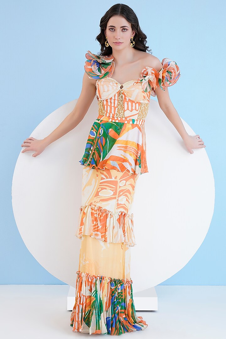 Multi-Colored Chiffon Tropical Printed Tiered Maxi Cocktail Dress by Mandira Wirk - Resort at Pernia's Pop Up Shop